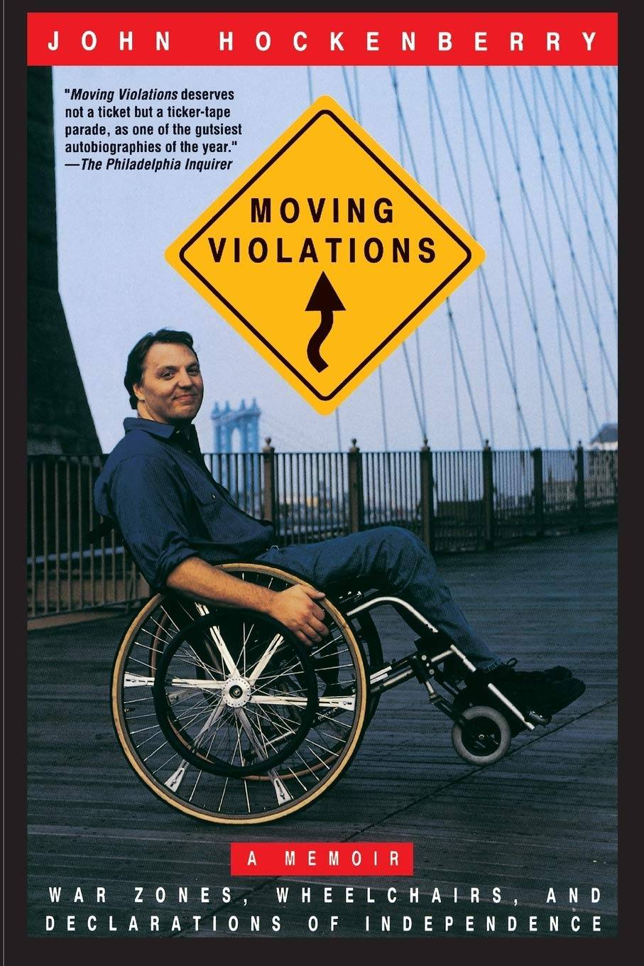 "Moving Violations" book cover featuring a photo of person in a wheelchair on a bridge.